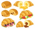 Cartoon croissant. Baked croissant with chocolate, caramel, cheese and ham croissant sandwiches. Breakfast bakery