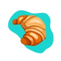 Cartoon croissant illustration on turquoise background. Puff pastry bagel. French pastries. Vector flat picture