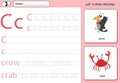 Cartoon crow and crab. Alphabet tracing worksheet: writing A-Z