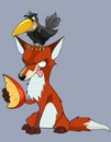 Cartoon crow sits on a fox with a piece of cheese