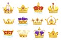 Cartoon crowns. Golden king and queen royal headwear. Gold diadems with diamonds. Monarch symbols set, coronation headdress.