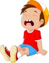 Cartoon crying boy with wounded leg