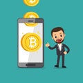 Cartoon cryptocurrency concept smartphone help businessman to earn money