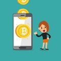 Cartoon cryptocurrency concept smartphone help businesswoman to earn money Royalty Free Stock Photo