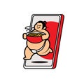 Cartoon cubby sumo wrestler holding big bowl ramen and running out from smartphone for food delivery