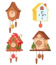 Cartoon cuckoo clocks. Antique german wall watches, vintage christmas clock hanging pendulum balance weights, wooden Royalty Free Stock Photo