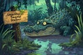 a cartoon cunning crocodile lurking beneath the surface of a murky swamp, Generative AI