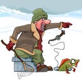 Cartoon cunning fisherman catches fish in winter