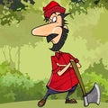 Cartoon cunning woodsman in forest with an ax