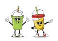 Cartoon Cup Characters Boasting Funky Faces, Swirling In A Disco Dance. Jazzy Juice And Chill Latte Or Smoothies Mugs