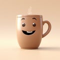 cartoon cup of coffee, cappuccino or tea close-up with a cheerful friendly face on a light background. Morning energy, breakfast,