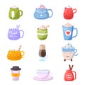 Cartoon cup vector kids mugs hot coffee or tea cupful on breakfast and various shapes of coffeecup illustration set of Royalty Free Stock Photo