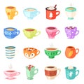 Cartoon cup vector kids mugs hot coffee or tea cupful on breakfast and various shapes of coffeecup illustration set of