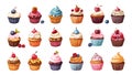 Cartoon Cupcakes. Isolated Cartoon Cute Cupcakes on White Background. Delicious Dessert Treats. Vector Icon Set of Royalty Free Stock Photo
