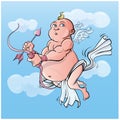 Cartoon cupid is preparing his arrow of love. Vector illustration