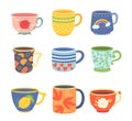 Cartoon Cups. Colorful Mugs For Tea And Coffee With Different Design. Kitchen Teacup For Hot Drinks. Trendy Crockery