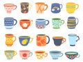 Cartoon cups. Vintage english teacup, coffee cup and kitchen mug. Tea ceremony vector Illustration set