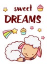 Cartoon curly cute sheep, sweet dream, stars and rainbow, hand drawn isolated on white background