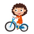 Cartoon curly girl riding a bike having fun riding bicycles isol