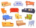 Cartoon cushioned furniture. Contemporary sofa soft couch ottoman for modern office house living room, vintage divan