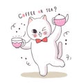 Cartoon cute adorabe cat and coffee or tea vector. Royalty Free Stock Photo