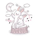 Cartoon cute adorable family white rabbits sitting on log and looking star on the sky vector.