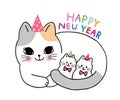 Cartoon cute adorable Mother cat and kittens celebration new year .