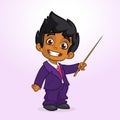 Cartoon cute afro-american boy businessman presenting with pointer. Vector illustration of arab or indian boy