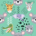 Cartoon cute animal tribal faces. Boho cute animals pattern Royalty Free Stock Photo