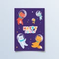 Cartoon cute animals for baby card and invitation, fox, dinosaur, bear, fish, giraffe astronaut in space cosmos