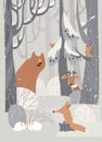 Cartoon cute animals meeting winter in forest