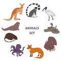 Cartoon cute Animals vector set. Isolated vector illustration hand-drawn style. Sticker, card, print, postcard, poster, background Royalty Free Stock Photo