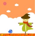 Cartoon cute autumn landscape with scarecrow and bird. Royalty Free Stock Photo