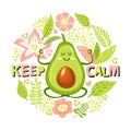 Cartoon cute avocado character in yoga pose. Set of green avocado fruit, flowers, leaves and trendy lettering.