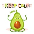 Cartoon cute avocado character in yoga pose. Stylish typography slogan design `Keep calm` sign.