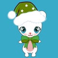Cartoon Cute Baby Polar Bear Wearing A Green Santa Hat With White Stars and Green Bow, Smiling With Closed Mouth, Big Anime Style Royalty Free Stock Photo