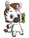 Cartoon cute baby zebra holding grass