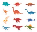 Cartoon cute beautiful dinosaurs. Ancient cold-blooded lizards in children cartoon style. Image of fossil lizards