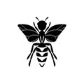 Cartoon cute bee mascot. Bee flies. Small wasp. Outline black logo element. Vector insect icon. Template design for invitation,