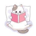 Cartoon cute book day, Adorable white cat reading book vector.