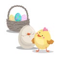 Cartoon cute boy chick looking on hatched egg and basket with painted eggs. Easter flat design icon symbols.