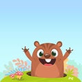 Cartoon cute brown groundhog or marmot or woodchuck in major hat waving his hands. Vector illustration. Groundhog day Royalty Free Stock Photo