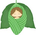 Cartoon cute brown-haired woman in a chrysalis.