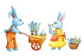 Cartoon cute bunnies, a girl and a boy, are preparing for Easter, stack willow branches, Easter cake and painted Easter eggs on a Royalty Free Stock Photo