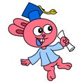 Cartoon cute bunny graduating university student, doodle kawaii. doodle icon image