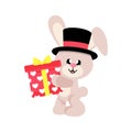 Cartoon cute bunny in hat with lovely gift