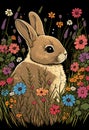 Cartoon of a cute Bunny rabbit sitting amongst flowers