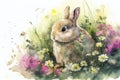 Cartoon of a cute Bunny rabbit sitting amongst flowers in a dreamy garden at Easter