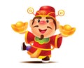 Cartoon cute Caishen, God of Wealth holding two big gold ingots and one leg kicking. Royalty Free Stock Photo