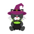 Cartoon cute cat black sitting in hat and cauldron Royalty Free Stock Photo